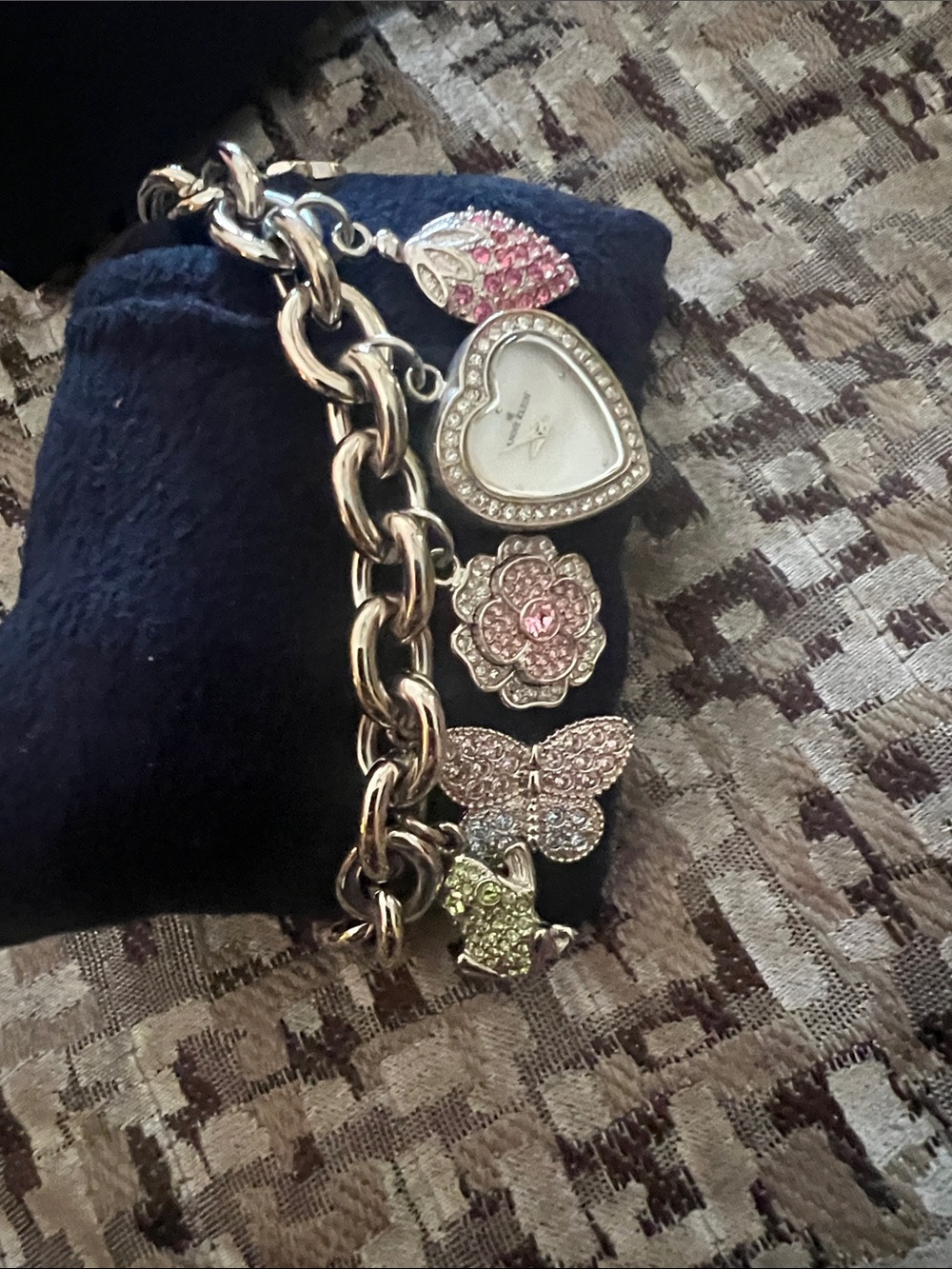 Vintage Pink and Gold Heart Charm Bracelet Watch with Crystal Accents